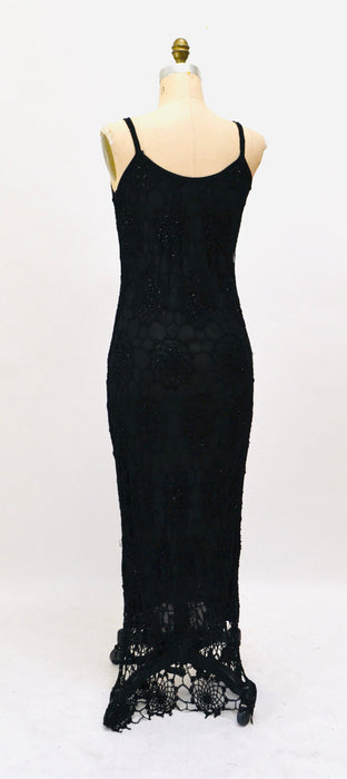 90s 00s Y2k Vintage Black Crochet Dress Black Beaded Knit Long Maxi Dress Dress Large 00s Black Crochet Slip Tank Dress Beach Party
