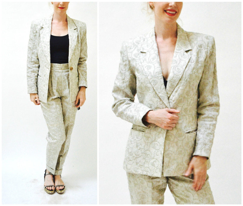 90s 00s Vintage Embroidered Linen Suit Jacket Pants in Khaki Tan Small Medium By Richard Mishann // 90s Vintage Linen Suit Jacket Pants