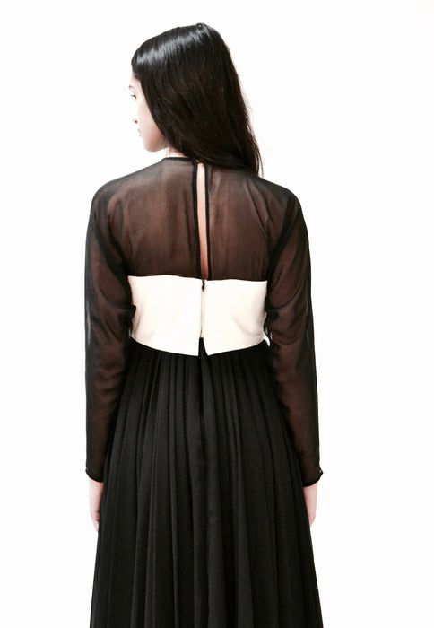 80s 90s Vintage Black white Evening Gown Dress Black White Party Dress Chiffon Long Sleeves Small Medium Empire Waistline Dress