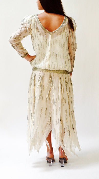 80s does 20s Vintage Beaded Dress Silk Cream Off White Dress Small Medium Ruben Panis// 80s Vintage Beaded Dress Long Sleeve Flapper Dress