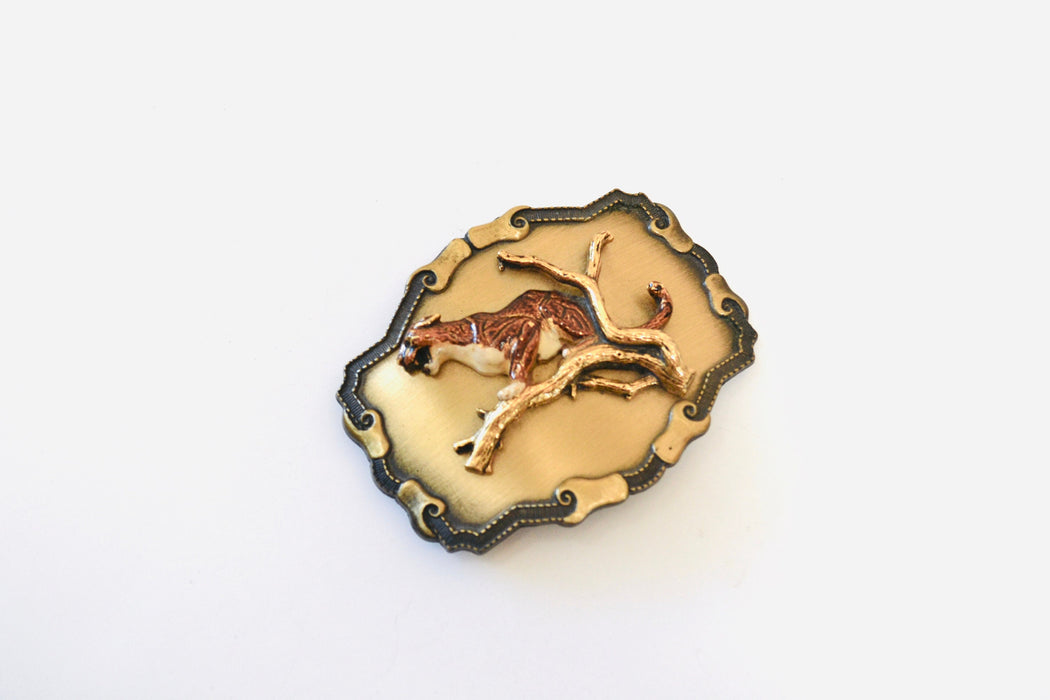 70s 80s Vintage Brass Cheetah Leopard Belt Buckle Metallic Big Cat Belt Buckle Large Cat Brass Gold Cheetah Belt Buckle by Raintree Buckle