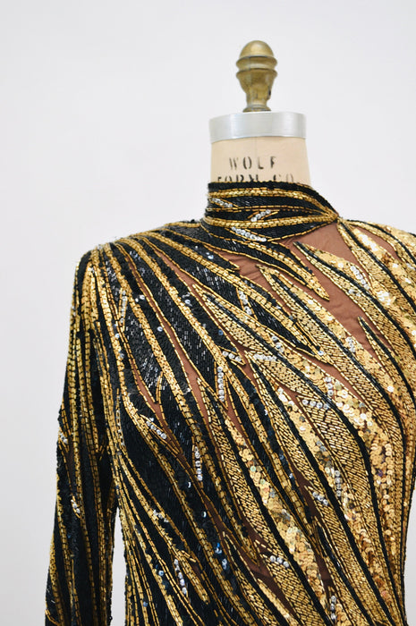 80s 90s Vintage Black Gold Beaded Sequin Gown Dress Bob Mackie Gold Black Tiger Stripe Long Sleeve Sequin Pageant Dress Cher Medium Large