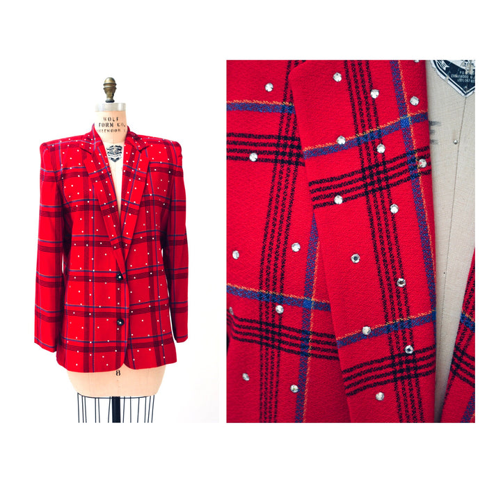90s Vintage Red Plaid Jacket Blazer with Rhinestones Red Plaid Blazer 80s 90s Glam Power Suit Small Medium Criscione Christmas Party Jacket