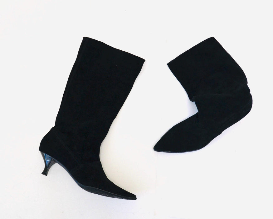 90s Y2K 00s Vintage Black Leather Boots Size 7 1/2 High Heel Pointed Toe Kitten Heel// Vintage Size 7 1/2 Black Leather Boots Franco Sarto