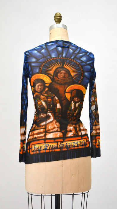 90s Jean Paul Gaultier Mesh Shirt long sleeve Sheer Stained Glass Mesh Native American Top Mesh Sheer Shirt Fashion top Jean Paul Gaultier