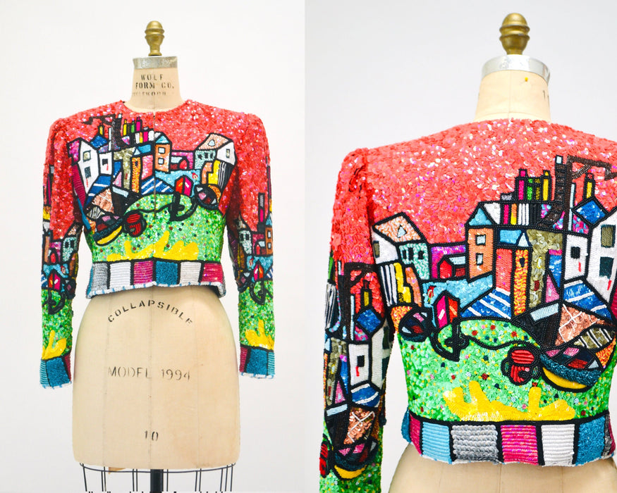 90s Vintage Jeanette Kastenberg Platinum Sequin Picasso Romero Britto Brazilian Miami Cubism Inspired Red Sequin Beaded Jacket Medium