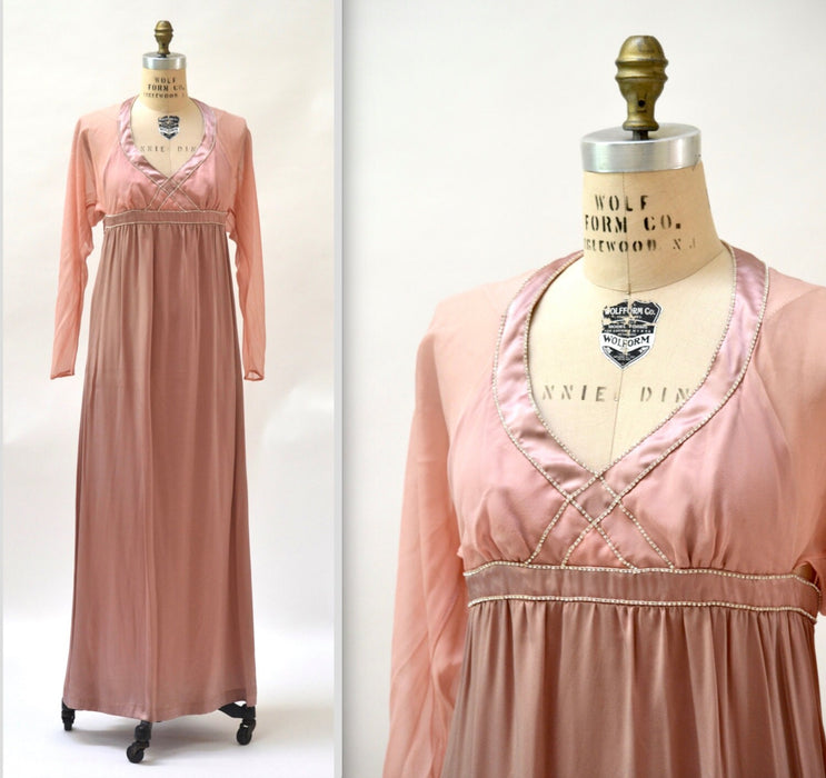 70s 80s Vintage Draped Goddess Gown Pink Silk Small// 80s Vintage Wedding Evening Gown Dress Grecian Bride in Pink Silk with Rhinestones