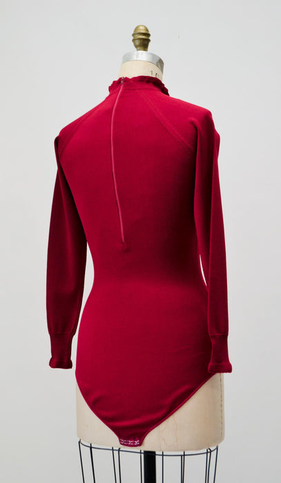 Vintage 70s Burgundy Red Turtle neck Bodysuit Brief Body Suit Turtle Neck long sleeve Medium//  Vintage Red Turtleneck ruffle bodysuit