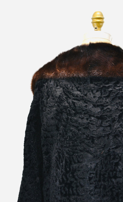 Vintage Black Persian Lamb Mink Fur Collar Coat Jacket Black Brown Broadtail leather Belted Jacket Trench Small Medium By Galleries Furs