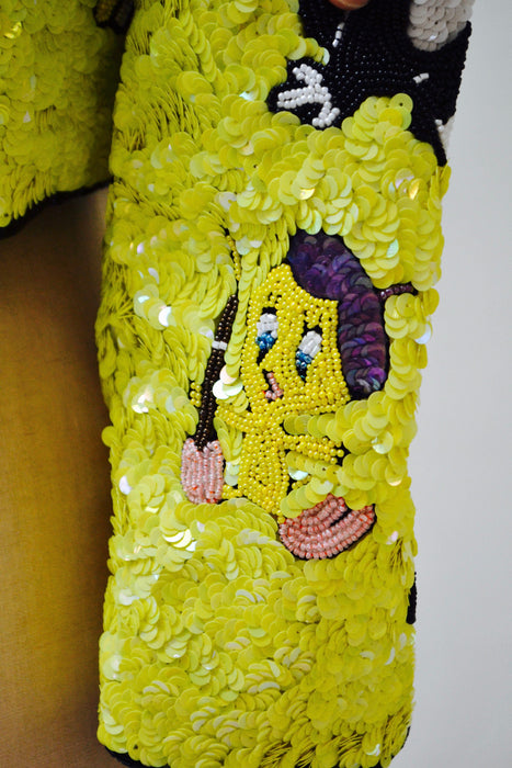 Vintage Jeanette Kastenberg Platinum Sequin Jacket Looney Tunes Bugs Bunny Warner Brothers Cartoon Comic Beaded Jacket Small