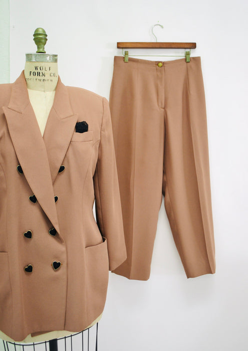 90s Vintage Brown Heart Jacket Blazer Suit with Heart Love Buttons Tan Blazer 80s 90s Glam Power Suit Medium Large Criscione 90s Suit