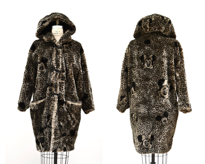 Vintage Faux Fur Jacket Coat with Mickey Mouse Minnie Mouse Disney 90s Animal Print Faux Fur Hooded Coat by Apparence Paris Medium