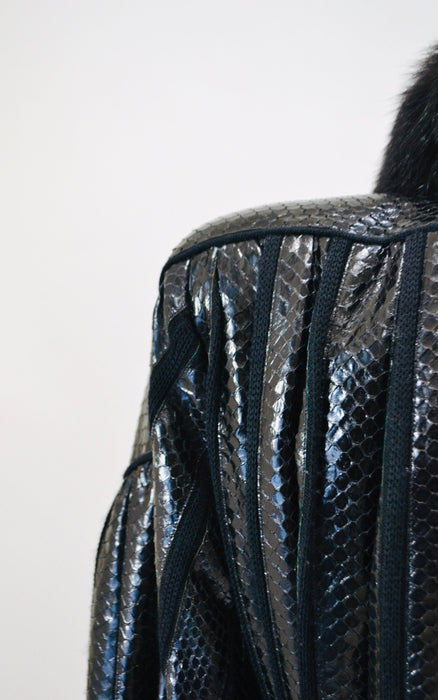 Vintage 80s Beltrami Black Snakeskin Fox Fur Coat Jacket Medium Large Made in Italy Vintage Designer Black Fur Snakeskin Coat Jacket Wool