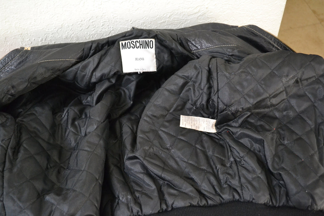 Vintage Moschino Leather Jacket Black Love Peace Heart Red and Black Navy Moschino Jeans ITaly Pop Art Rainbow Gay Pride Leather Jacket