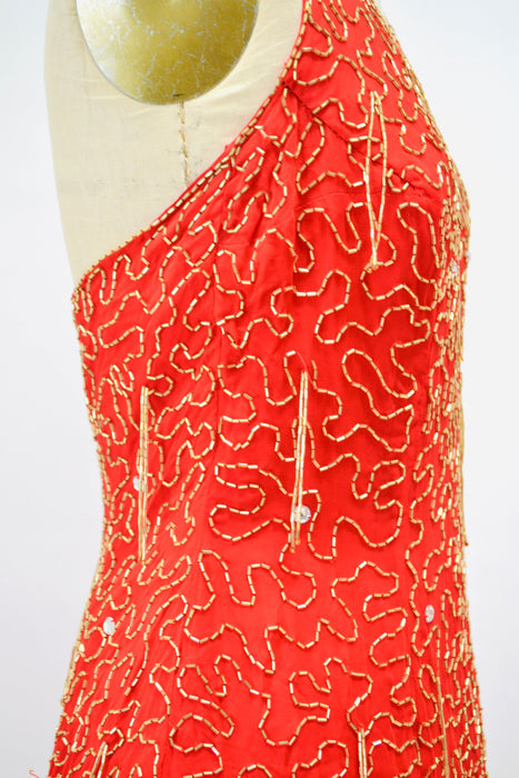 Stunning 80s 90s Vintage Red Beaded Dress Medium Large// 80s 90s Red Beaded Fringe Pageant Dress Halter Neck Showgirl Red Silk Chiffon Dress