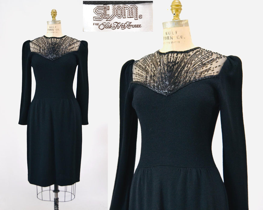 80s Vintage St John Dress Black Knit Dress By St John Beaded  Knit Long Sleeve Dress // 80s Black Sweater Knit Party Dress Small Medium
