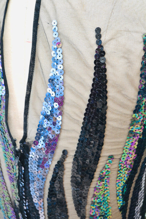 Vintage 80s Black Sheer Sequin Dress by Victor Costa Small// 80s Black Metallic Sequin Prom Party Dynasty Dress Long Sleeve Ruffle Skirt