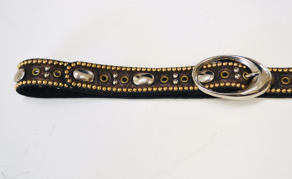 90s 2000s Vintage Gold Rhinestone Belt Brown Leather Gold Rhinestone Belt Small 29" Rhinestone Studded leather Belt