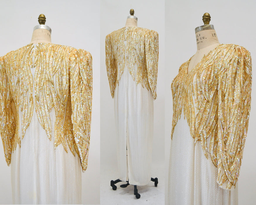 80s 90s Vintage Cream Sequin Beaded Gown Dress Medium Pageant Dress// 80s Vintage Wedding Gown Cream White Beaded Long Dress Sleeve Gown