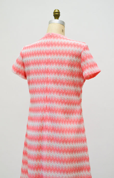 70s Pink Knit Dress Large 70s Pink White Knit Short Sleeve Dress Pink Crochet 70s Summer Knit Dress 70s Pink White Party Dress Sheer Knit