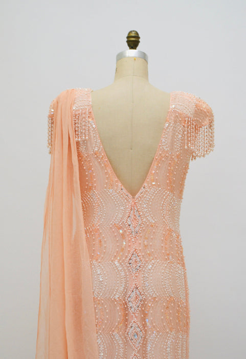 Vintage Peach Silk Beaded Sequin Evening Gown Dress Medium Large// 80s 90s Peach metallic Beaded Showgirl Fringe Dress Medium Large Sho Max