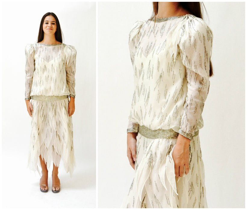 80s does 20s Vintage Beaded Dress Silk Cream Off White Dress Small Medium Ruben Panis// 80s Vintage Beaded Dress Long Sleeve Flapper Dress