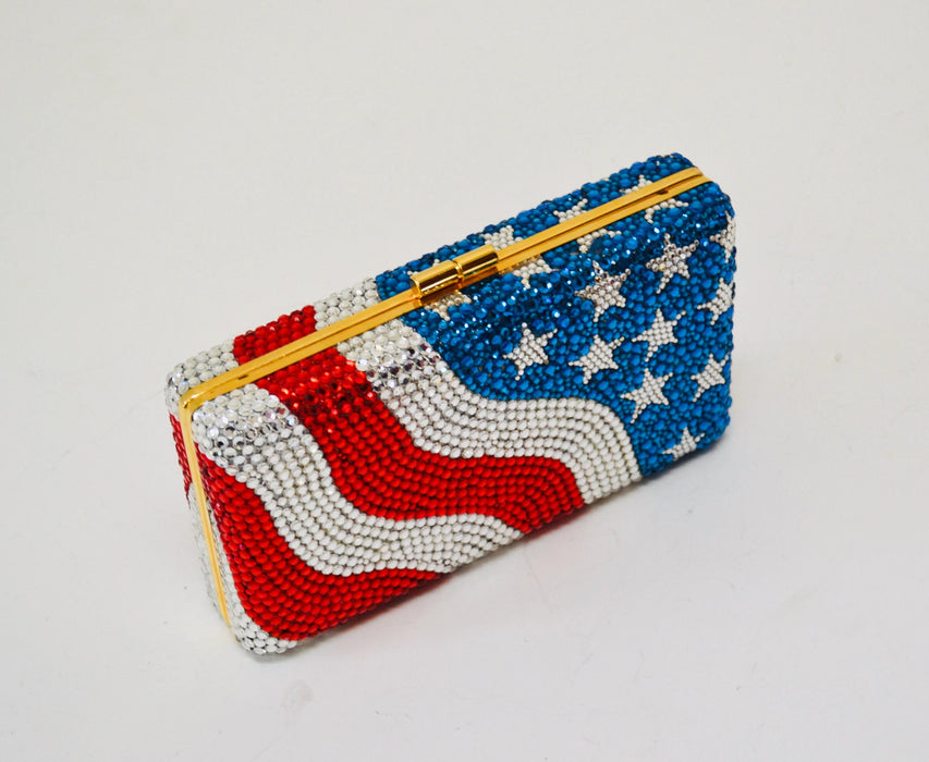 90s Vintage Metal Crystal Evening Bag Swarovski Bag 90s Katherine Baumann USA American Flag United States Crystal Minaudière Clutch Bag