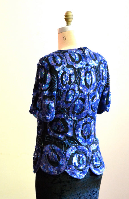 Vintage Sequin Shirt Top Black and Blue Sequin shirt Size Medium// 80s 90s Vintage Sequin Shirt in Black and Blue Art Deco Flapper Inspired