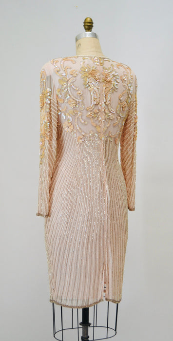80s 90s Vintage Pink Peach Beaded Sequin Dress Small Medium // 80s 90s Glam Vintage Metallic Sequin Pink Cocktail Wedding Party Dress