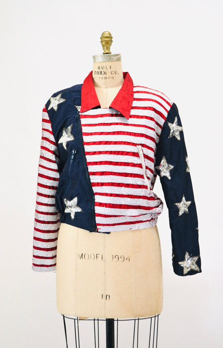 90s Vintage Sequin Jacket American Flag USA Large Modi// Vintage Sequin Moto Jacket Stars Stripes USA America Olympics Star Sequin Jacket