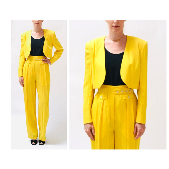 90s Vintage Yellow Suit By ESCADA Medium Yellow Cropped Bolero Jacket and High waisted Pants // Vintage 80s 90s Yellow Pantsuit Suit Medium