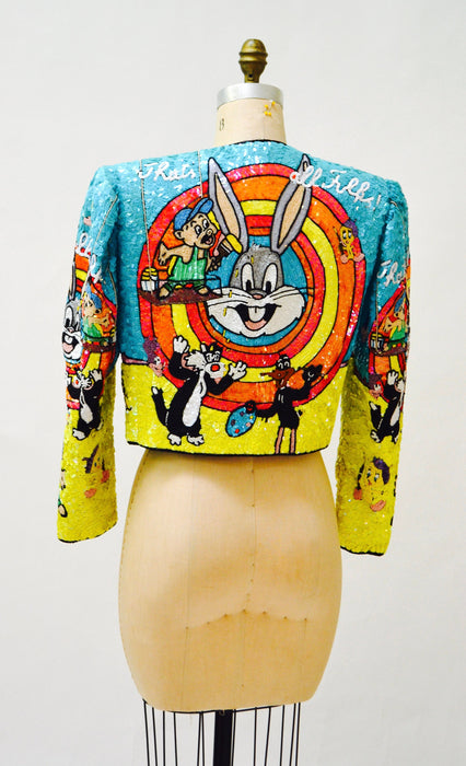 Vintage Jeanette Kastenberg Platinum Sequin Jacket Looney Tunes Bugs Bunny Warner Brothers Cartoon Comic Beaded Jacket Small