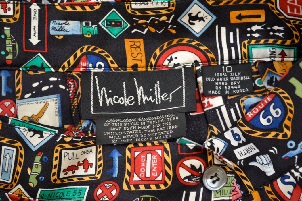 90s Vintage Printed Wrap Skirt Silk Tennis by Nicole Miller with Road Street Signs//  Vintage Pleated Skirt in Silk with Traffic Signs