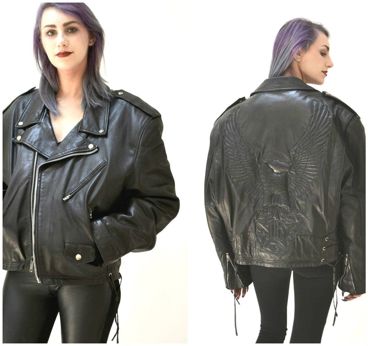 Vintage Black Leather Jacket  Motorcycle Biker Jacket with Eagle Bird Large XL// Vintage Black Leather Biker Jacket Jeff Hamilton JH Leather