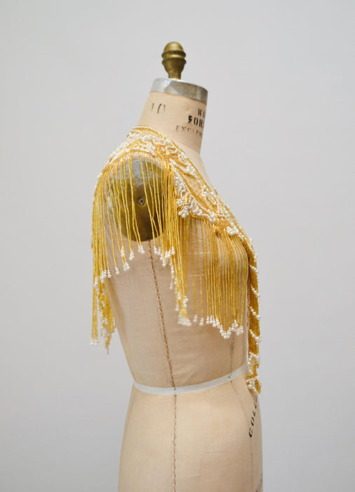 Vintage Gold Beaded Pearl Shawl Wrap Burlesque Wedding Flapper Gold Metallic Beaded Vintage Fringe Collar Shawl GOld White Pearl Sharmark