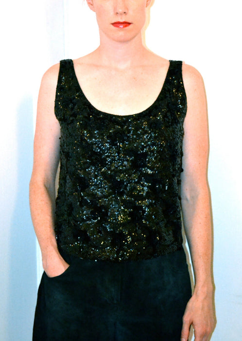 Vintage Black Sequin Top Size Medium// 60s Black Fringe Sequin Shirt Blouse Shirt Size Medium Black Beaded Fringe Tank Top