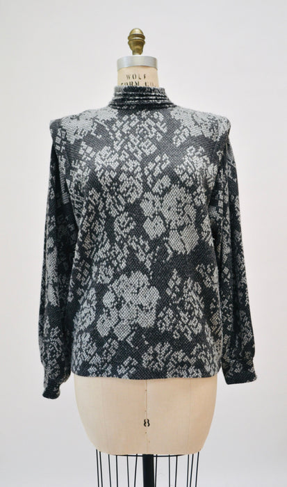 80s Vintage St. John Black Gray Sweater Pull OVer Cashmere Wool Sweater Jumper Floral Jacquard Medium 8 St John Vintage Mock Neck Sweater