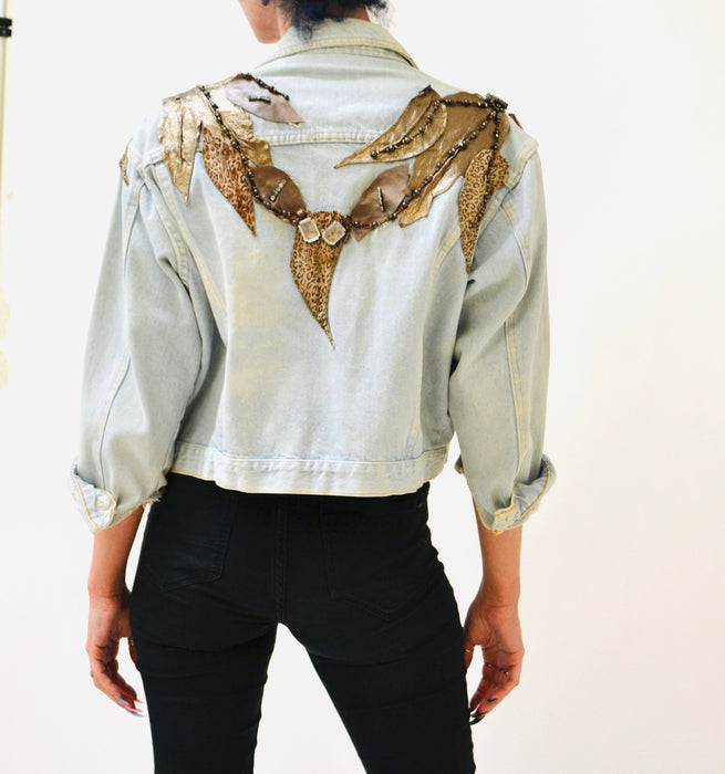 80s Vintage Denim Jacket Leather Rhinestone Medium // 90s 80s  Glam Denim Jean Jacket Womens Beaded Flower Leather Jean Jacket Art to Wear