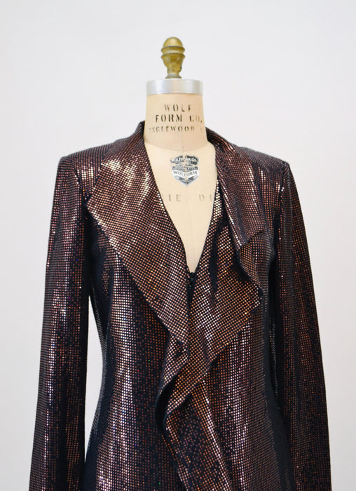 Vintage St John Dress Brown Metallic Knit Ruffle Cardigan Sweater St John// Brown Metallic Party Dress Sweater Cardigan Medium Large St John