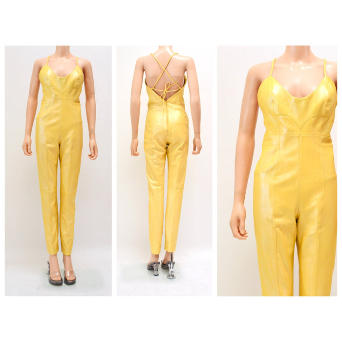 2000s Y2k Yellow Leather Jumpsuit Cat Suit Yellow Leather Lace up Sexy Jumpsuit By Michael Hoban North Beach Leather Size XS Small