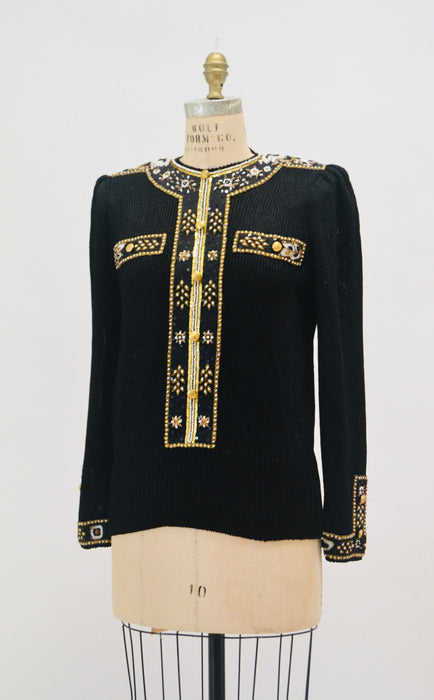 80s 90s Glam Vintage Black Gold Beaded Sequin Sweater Small Medium By Elizabeth New York Black Gold Metallic Beaded Sequin Pull Over Jumper
