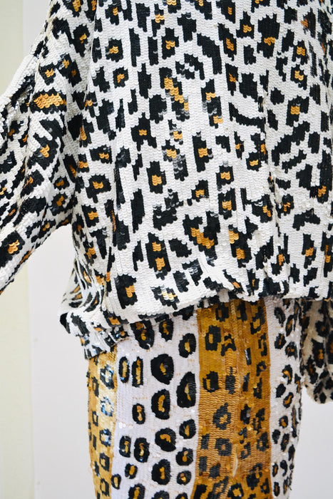 80s 90s Vintage Sequin Jacket Skirt Medium Leopard Cheetah Animal Pattern// 90s Glam Metallic Sequin Jacket Skirt Set Modi Sequin