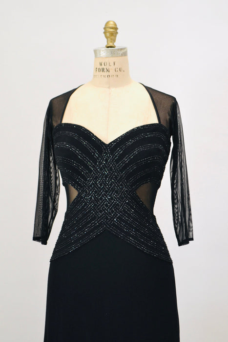 90s Vintage Black Metallic Evening Gown Prom Dress Illusion Dress Small // Black 90s Mesh Cut out Dress Bondage Dress Small Medium Tadashi