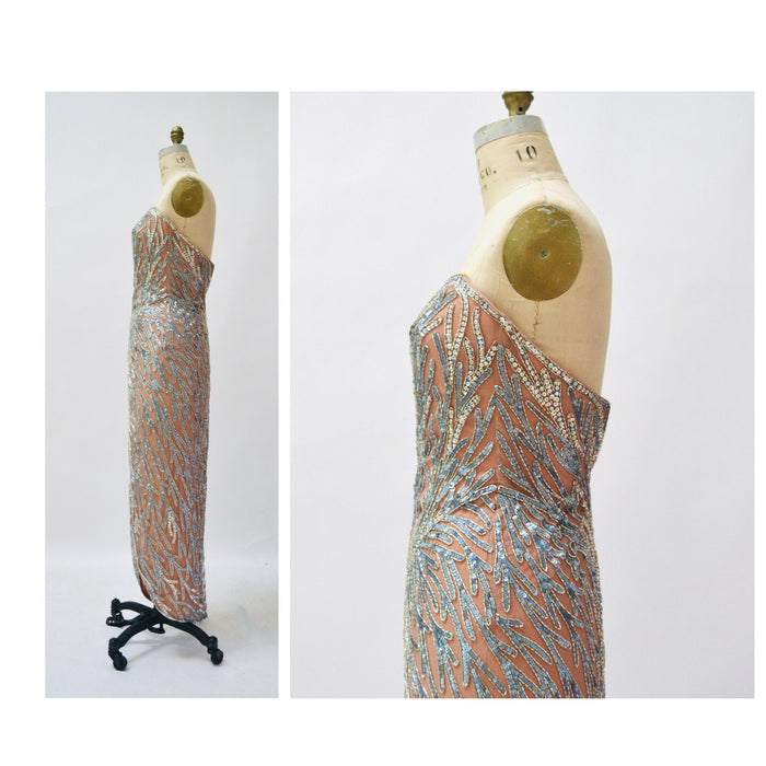 80s 90s Vintage Silver Cream Blue Beaded Sequin Gown Dress Small Medium By Bob Mackie Silk// Vintage Wedding Gown Sequin Strapless Beach