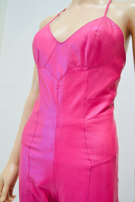 2000s Y2k Pink Leather Jumpsuit Cat Suit Pink Leather Lace up Sexy Jumpsuit By Michael Hoban North Beach Leather Size XS Small