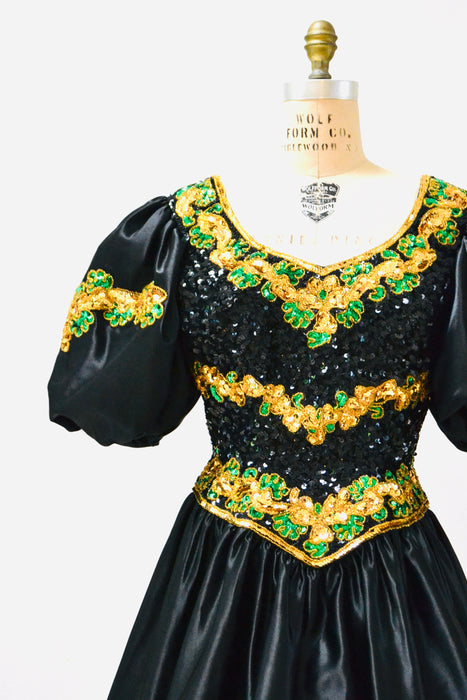 80s Prom Sequin Dress Black Ball Gown Medium Large // Vintage 80s Pageant Princess Dress Ball gown Mike Benet Sequin Party Dress Black Gold