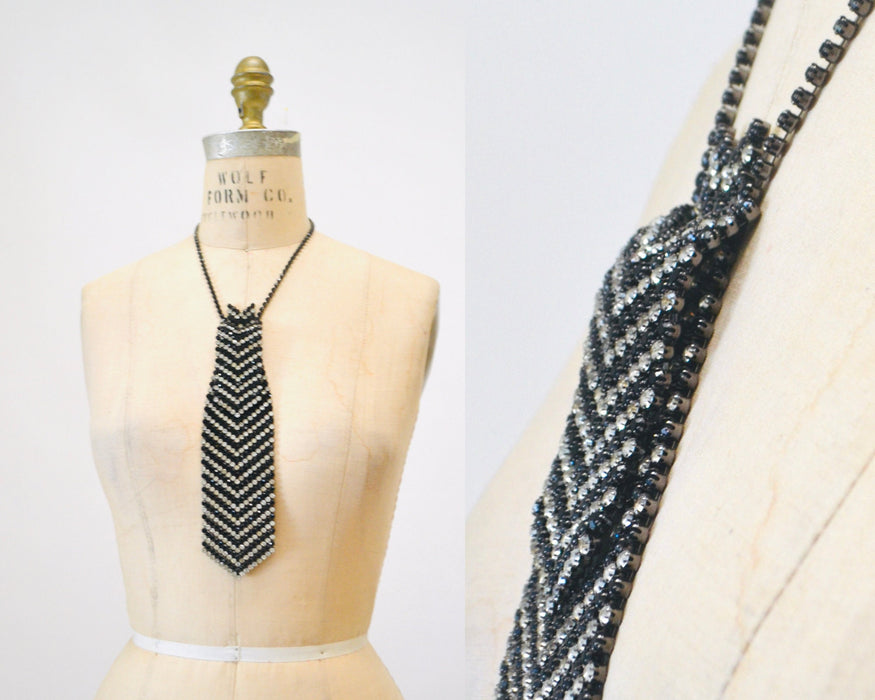 Incredible Vintage Rhinestone Neck Tie Rhinestone Crystal Tie Necklace Wedding Rhinestone Tie Gay Glam Wedding Tie Silver Black Kramer