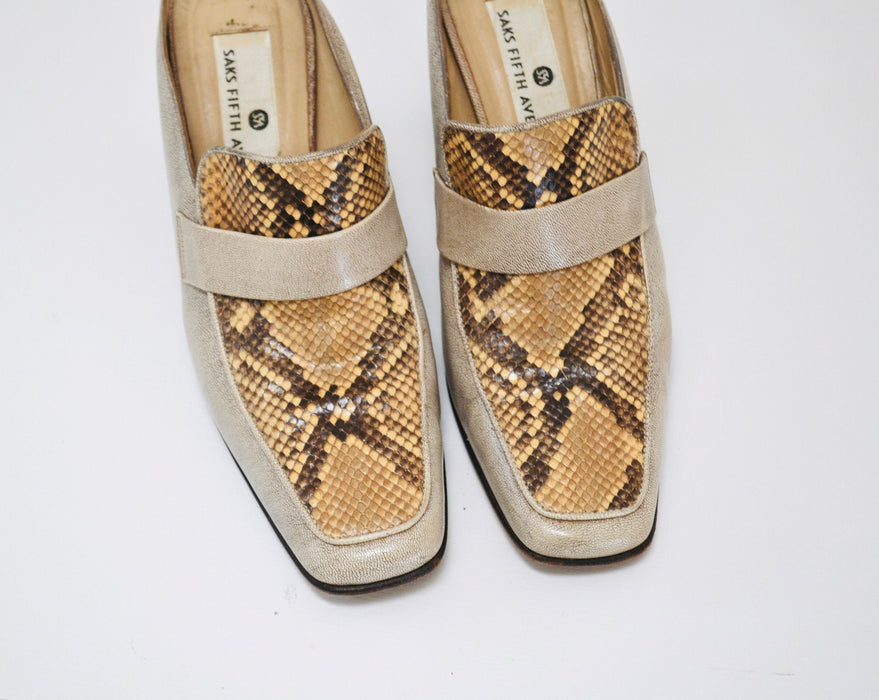 90s 00s Y2K Vintage Snake Skin Leather Slides High Heel Loafers Shoes 7 1/2 Vintage Tan Snake Skin High Heel Shoes Mules Saks Fifth Avenue