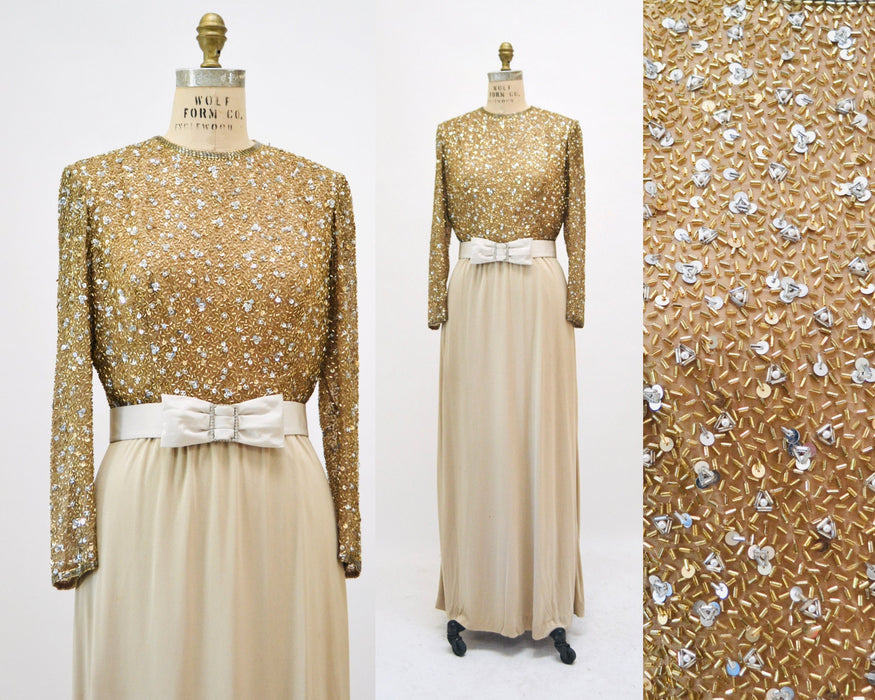 70s 80s Gold Sequin Metallic Dress Gown Wedding Dress 70s Gold Silver Beaded Dress Medium By Claire Pearone// 70s Vintage Beaded Gold Dress
