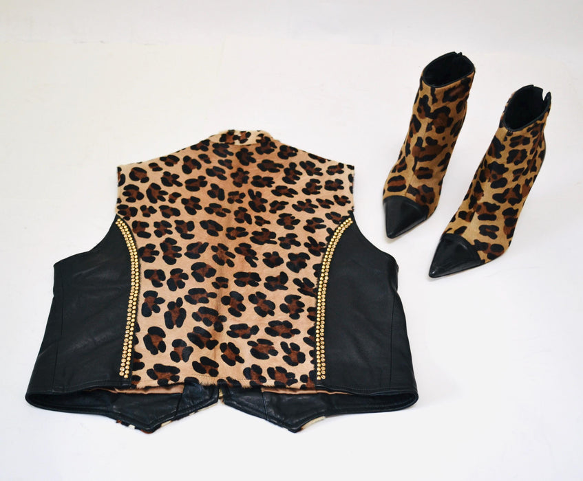 80s 90s Vintage Studded Black Leather Animal Print Vest Gold Leather Vest By Kippys XL Large Gold Studded Animal Print Black Leather Vest